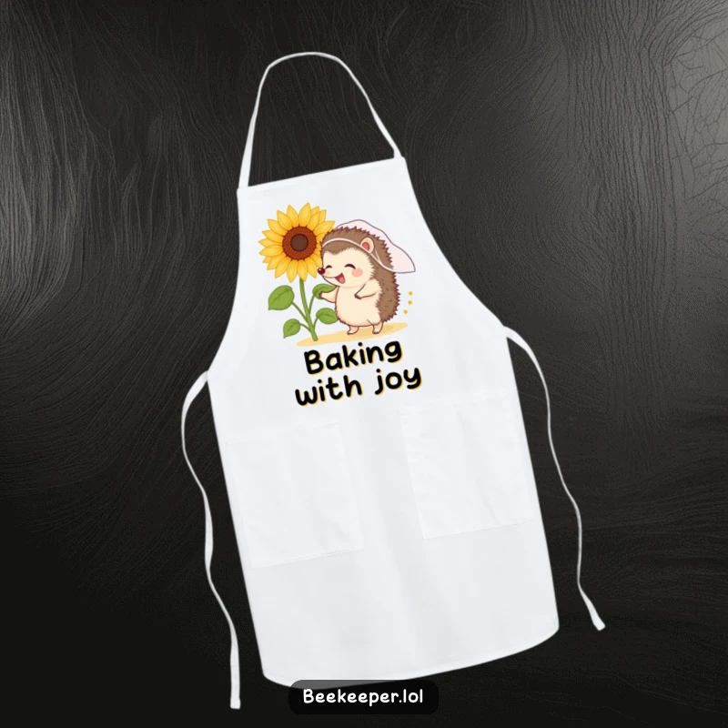 Funny hedgehog in a veil dancing near a pollen-rich sunflower, featured on a humorous cooking apron.