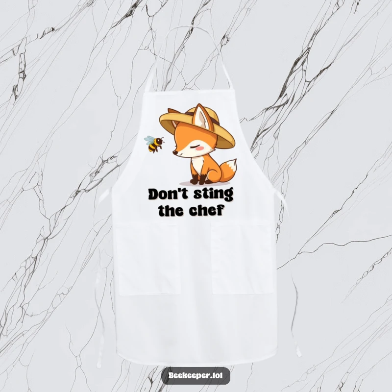 Funny fox cautiously inspecting a queen bee, featured on a humorous and functional cooking apron.