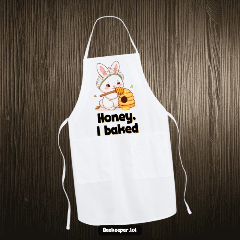 Funny Apron: A fluffy bunny wearing a netted hat and holding a honey dipper, curiously peeking into a beehive, adding a humorous and protective layer for kitchen tasks.