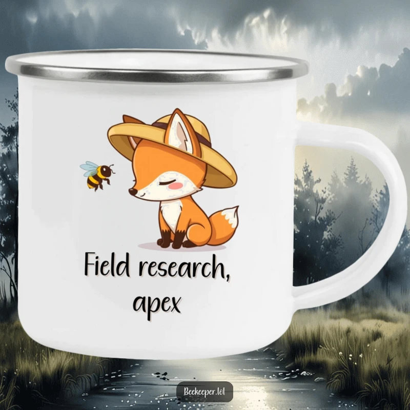 Funny fox in a straw hat cautiously inspecting a queen bee, designed for a humorous camping mug.