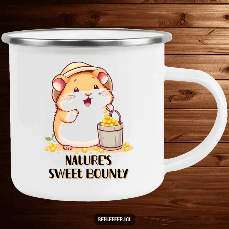 Funny plump hamster in a beekeeper hat, excitedly dropping pollen into a tiny bucket on a camping mug, ready for busy adventures.