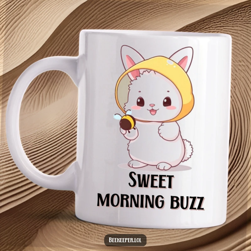 Funny fluffy bunny in a beekeeper veil, cheerfully holding a tiny buzzing bee on a mug, showing its friendly nature.