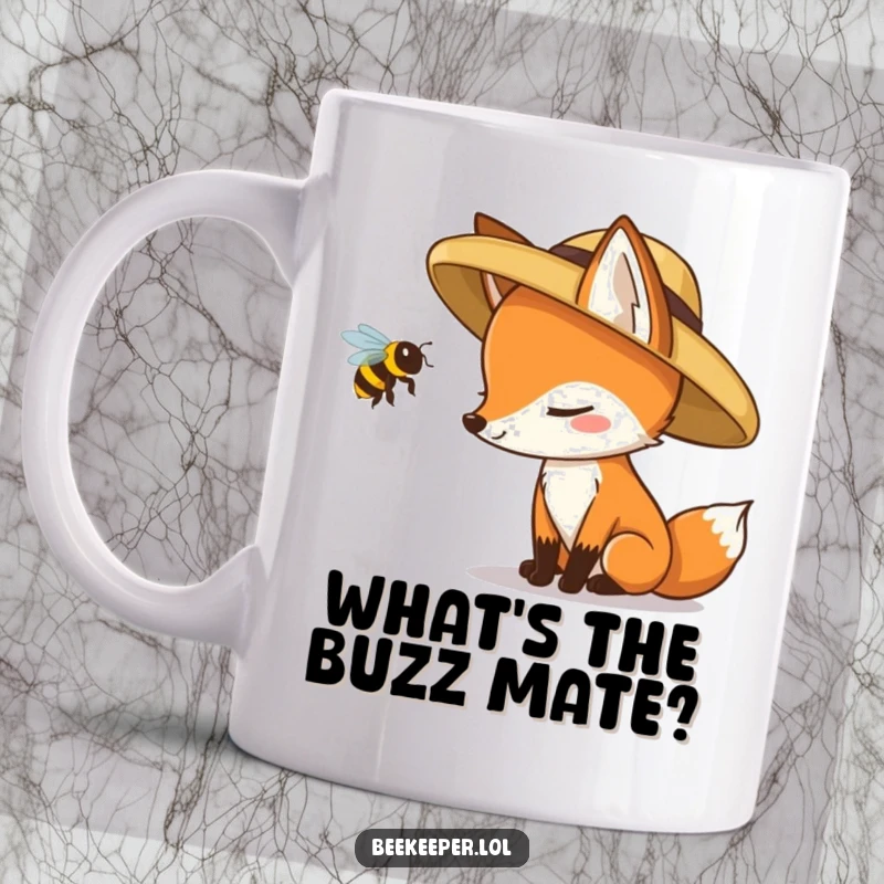 Funny determined fox in a straw hat cautiously inspecting a buzzing queen bee, creating a humorous mug design.