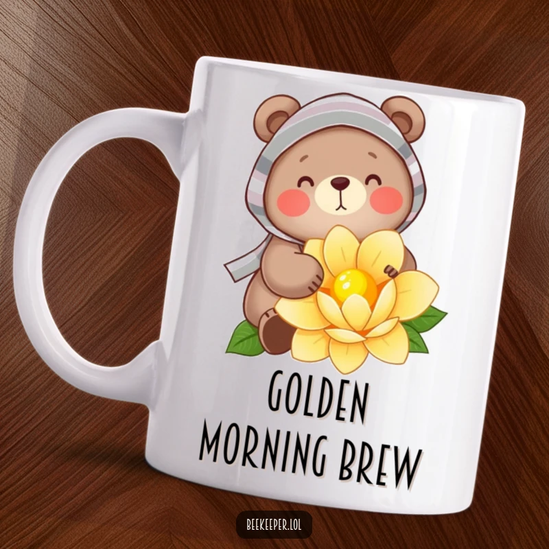 Funny mug depicting a cheerful bear wearing a striped veil, gently gathering golden nectar from a large flower, radiating peaceful, humorous contentment.