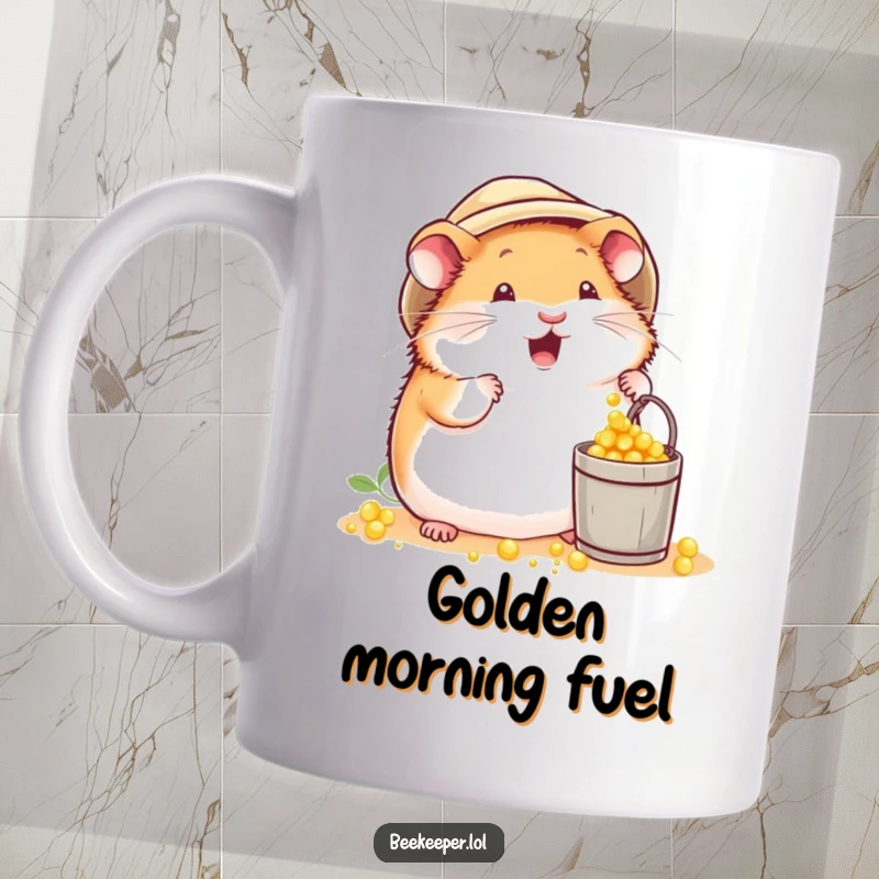 Funny plump hamster in a beekeeper hat, excitedly dropping pollen into a tiny bucket on a mug, showcasing its industrious charm.