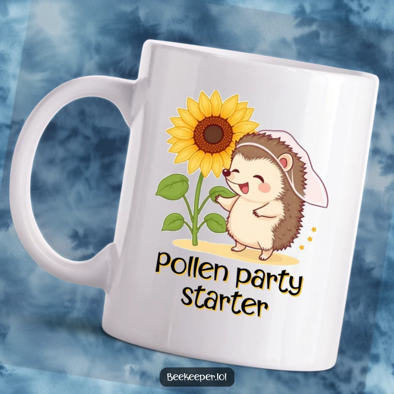 Funny giggling hedgehog wearing a small veil dances near a pollen-filled sunflower, creating a humorous mug design.