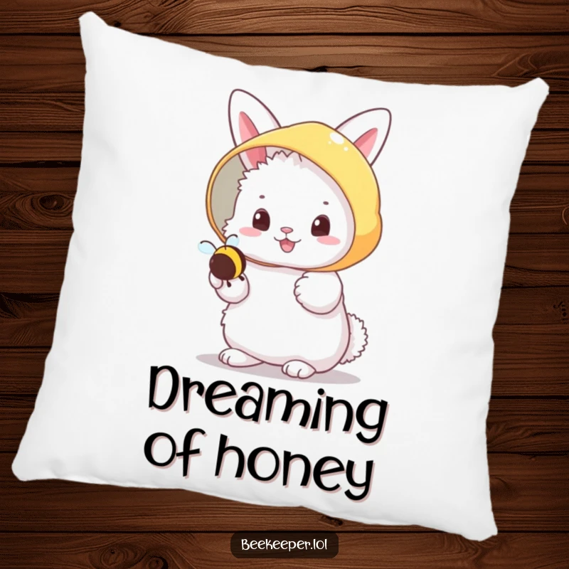 Funny fluffy bunny in a beekeeper veil, cheerfully holding a tiny buzzing bee on a soft pillow, bringing comfort and joy.