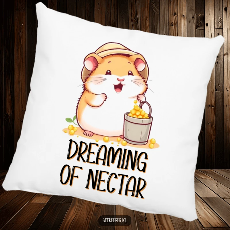 Funny plump hamster in a beekeeper hat, excitedly dropping pollen into a tiny bucket on a soft pillow, bringing comfort and cheer.