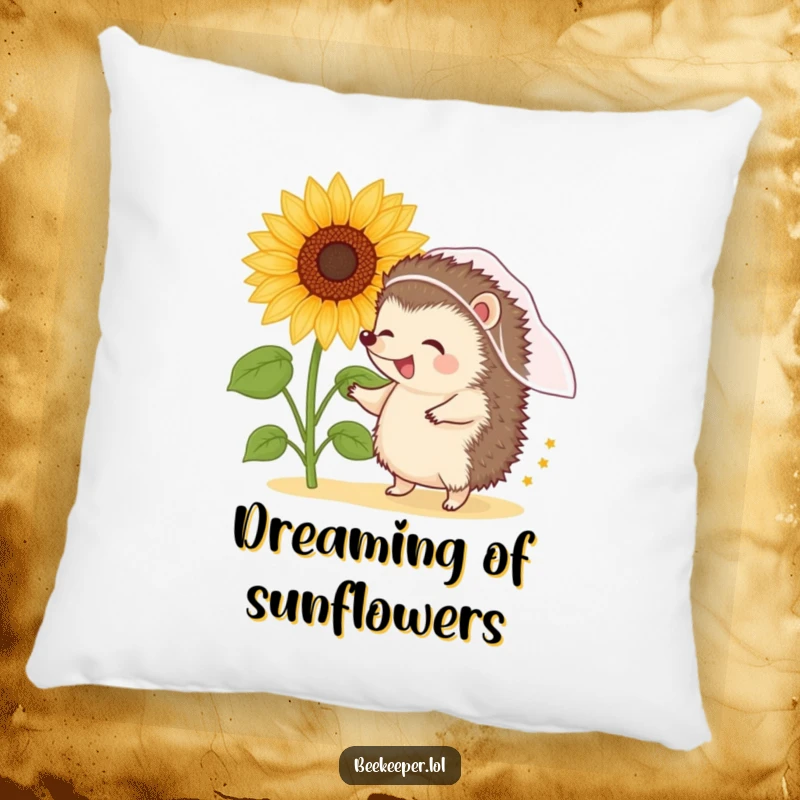 Funny hedgehog dancing near a sunflower, depicted on a soft and humorous pillow.
