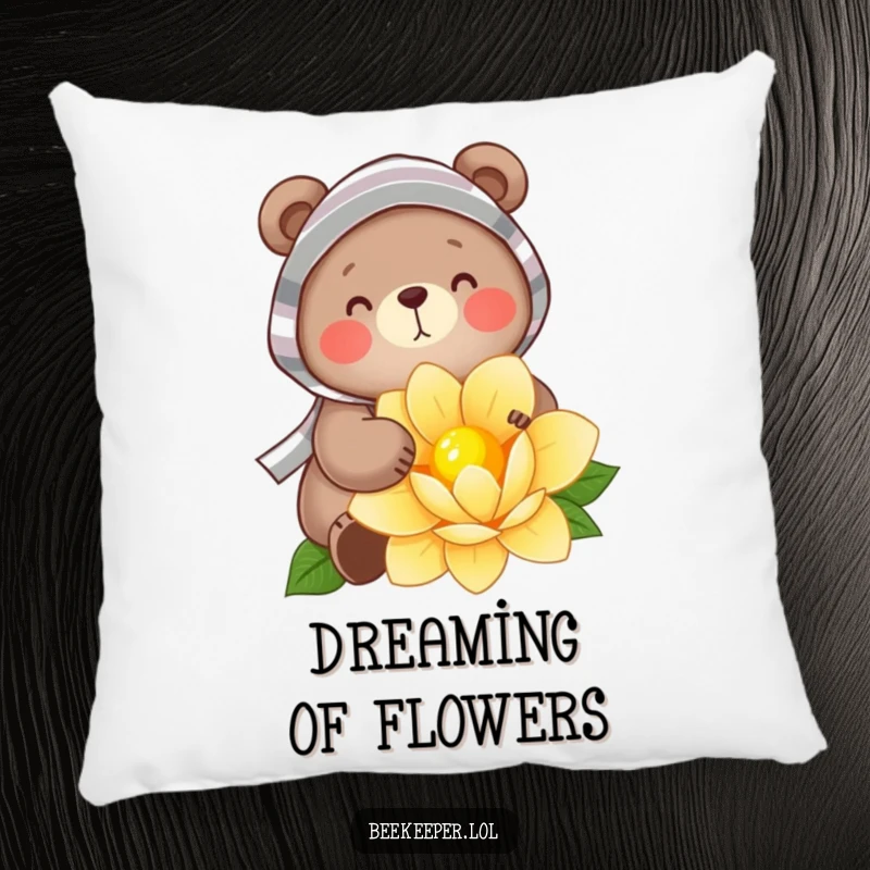 Funny Pillow: A cheerful bear in a striped veil gently gathering nectar from a flower, a soft and humorous decorative piece for ultimate comfort and smiles.