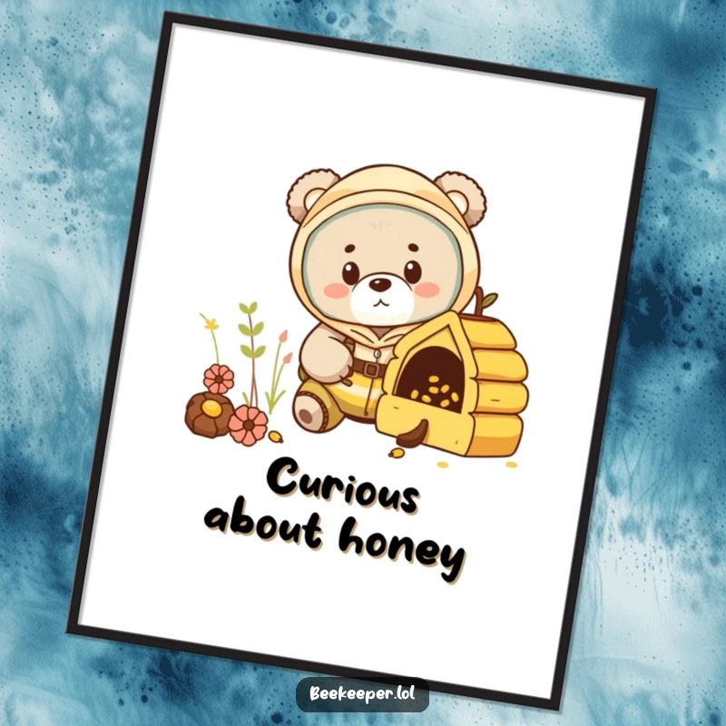 Funny bear cub in a beekeeper suit, peeking into a miniature hive on a digital art print, delivering instant curiosity.