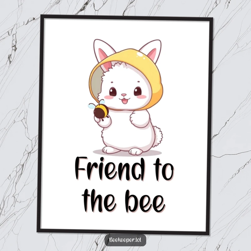 Funny fluffy bunny in a beekeeper veil, cheerfully holding a tiny buzzing bee on a digital art print, delivering instant sweetness.