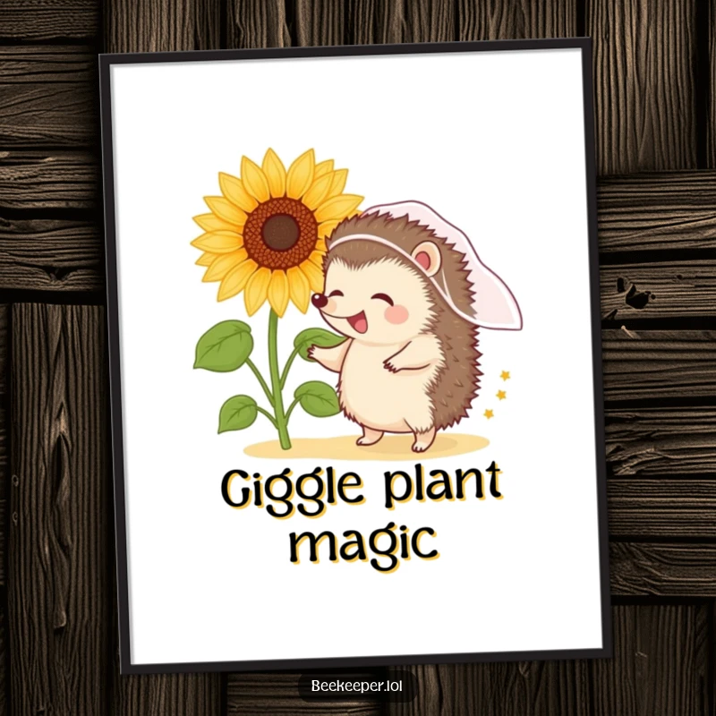 Funny giggling hedgehog in a veil dancing near a sunflower with pollen, a humorous digital art print.