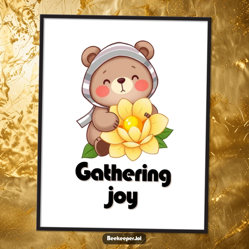 Funny Digital Art Print: A cheerful bear wearing a striped veil, gently gathering golden nectar from a flower, embodying sweet contentment for digital display.