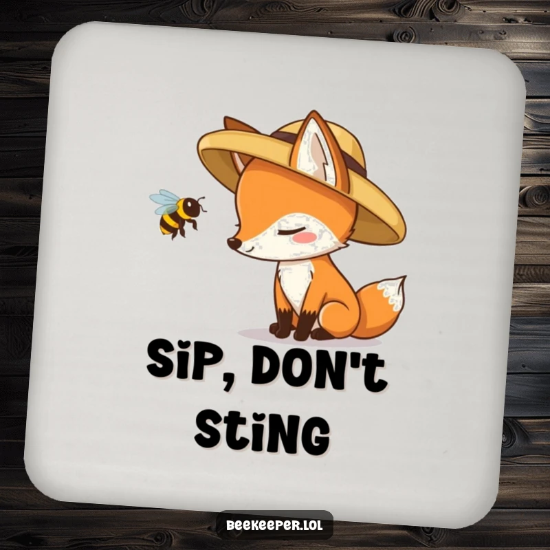 Funny fox cautiously inspecting a queen bee, featured on a humorous and protective drink coaster.