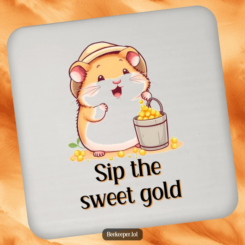 Funny plump hamster in a beekeeper hat, excitedly dropping pollen into a tiny bucket on a drink coaster, adding busy humor.