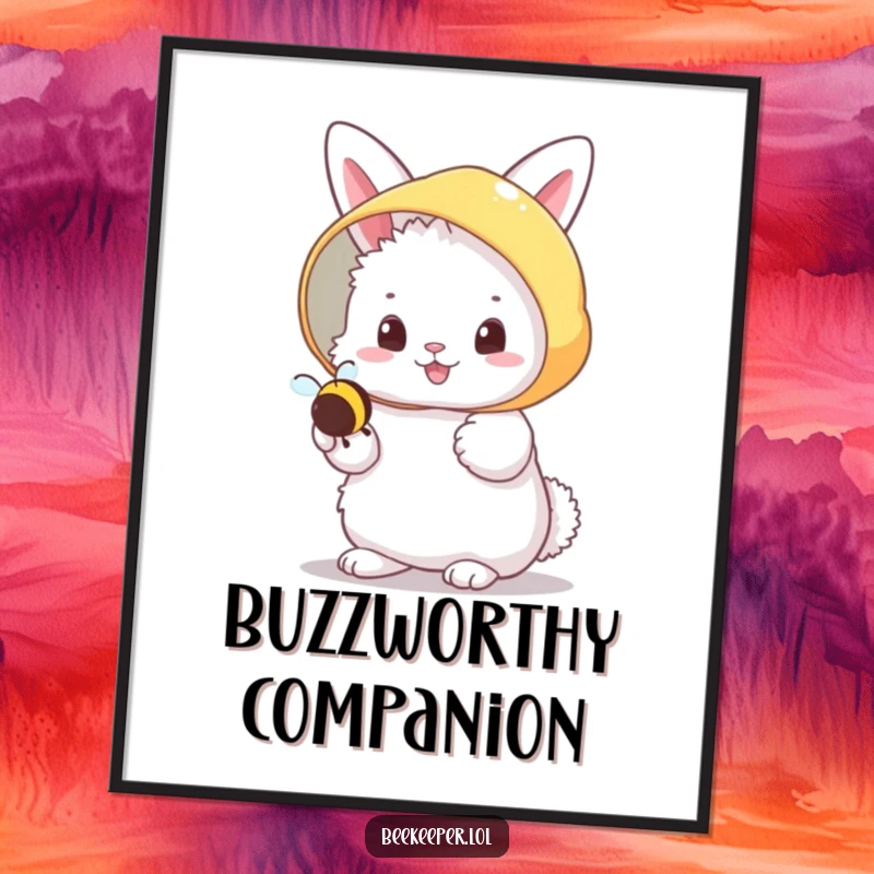 Funny fluffy bunny in a beekeeper veil, cheerfully holding a tiny buzzing bee on a poster, creating a heartwarming scene.