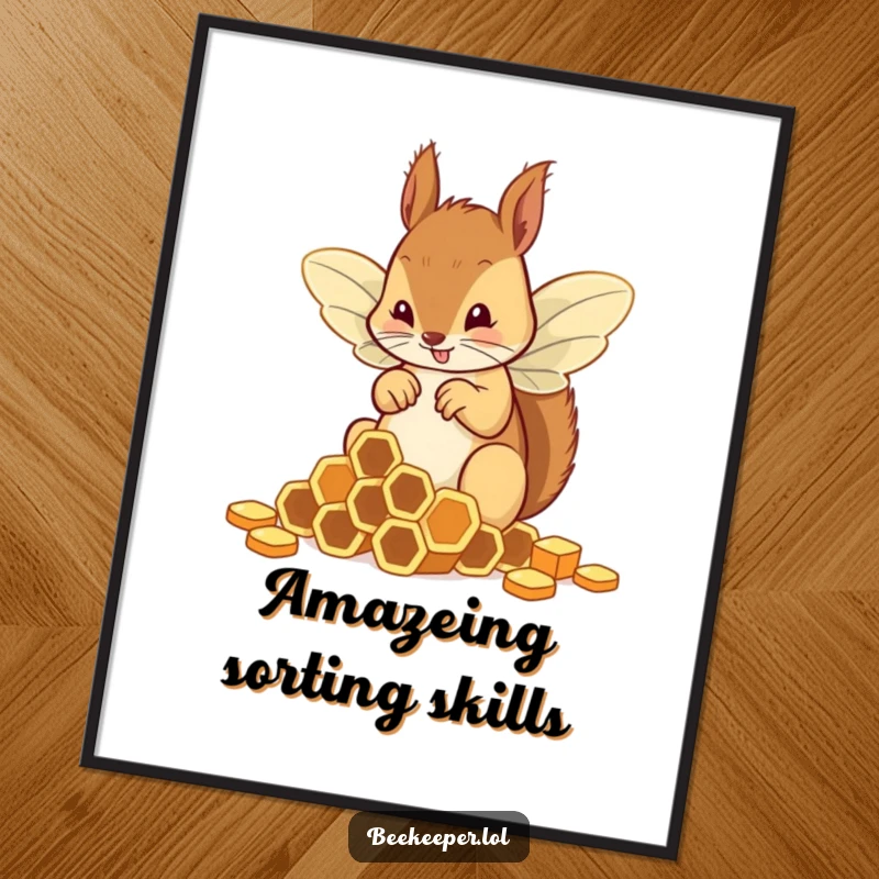 Funny squirrel awkwardly trying to sort small hexagonal honeycombs while wearing clumsy bee wings, as a humorous poster.