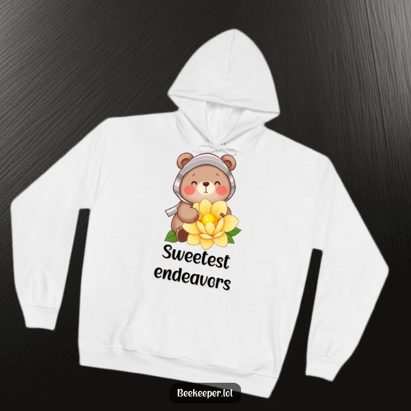 Funny Hoodie: A cheerful bear wearing a striped veil, gently gathering nectar from a flower, offering warm and humorous casual wear for gentle souls.