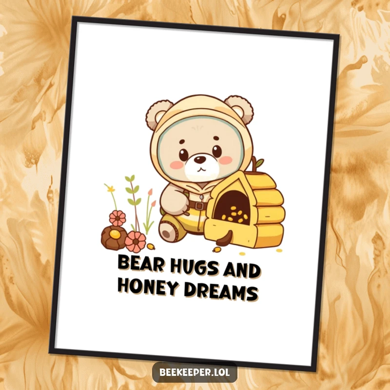 Funny Free Printable Wall Art: A curious bear cub dressed in a beekeeper suit, peeking into a miniature hive.