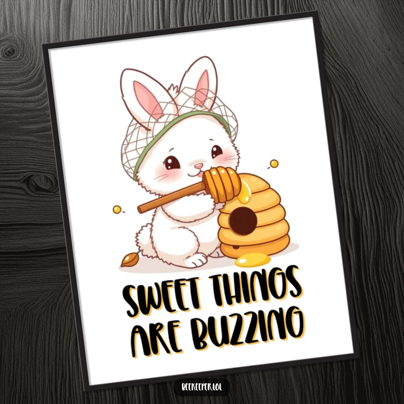 Funny Free Printable Wall Art: A bunny in a netted hat with a honey dipper, curiously peeking into a busy beehive.
