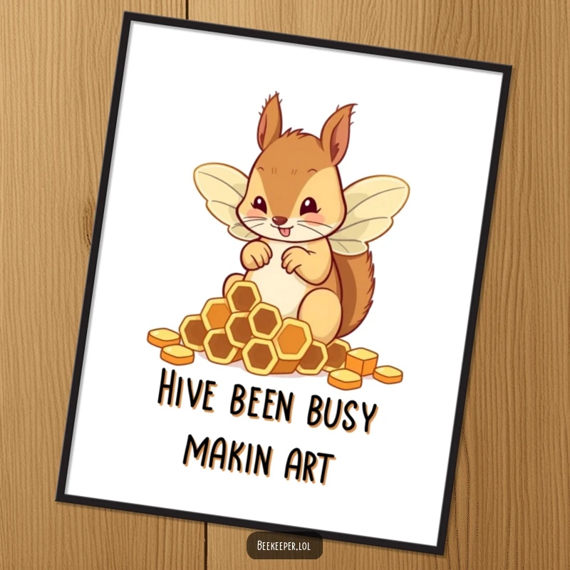 Funny Free Printable Wall Art: A squirrel wearing clumsy bee wings tries to sort honeycombs, looking comically determined.