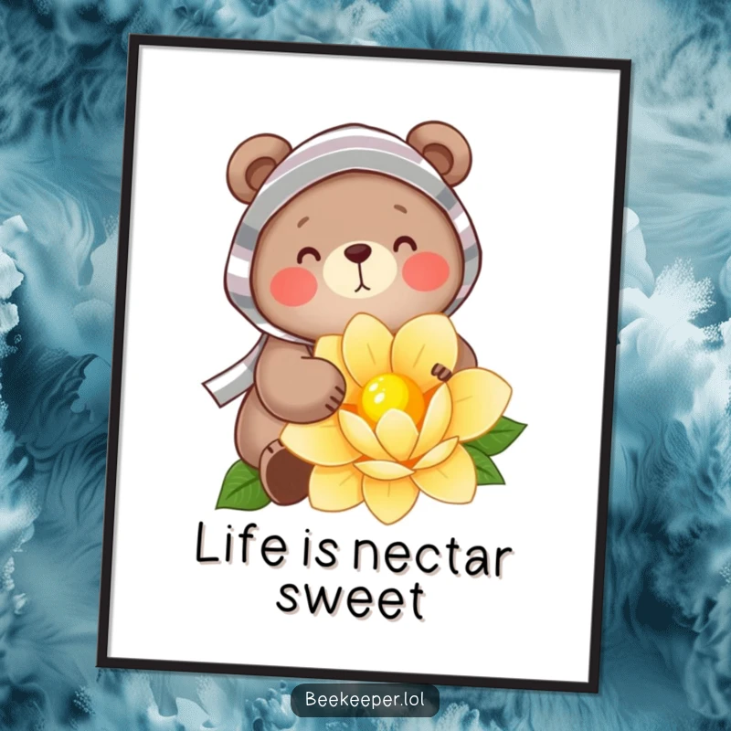 Funny Free Printable Wall Art: A cheerful bear wearing a striped veil, gently gathering golden nectar from a large flower.