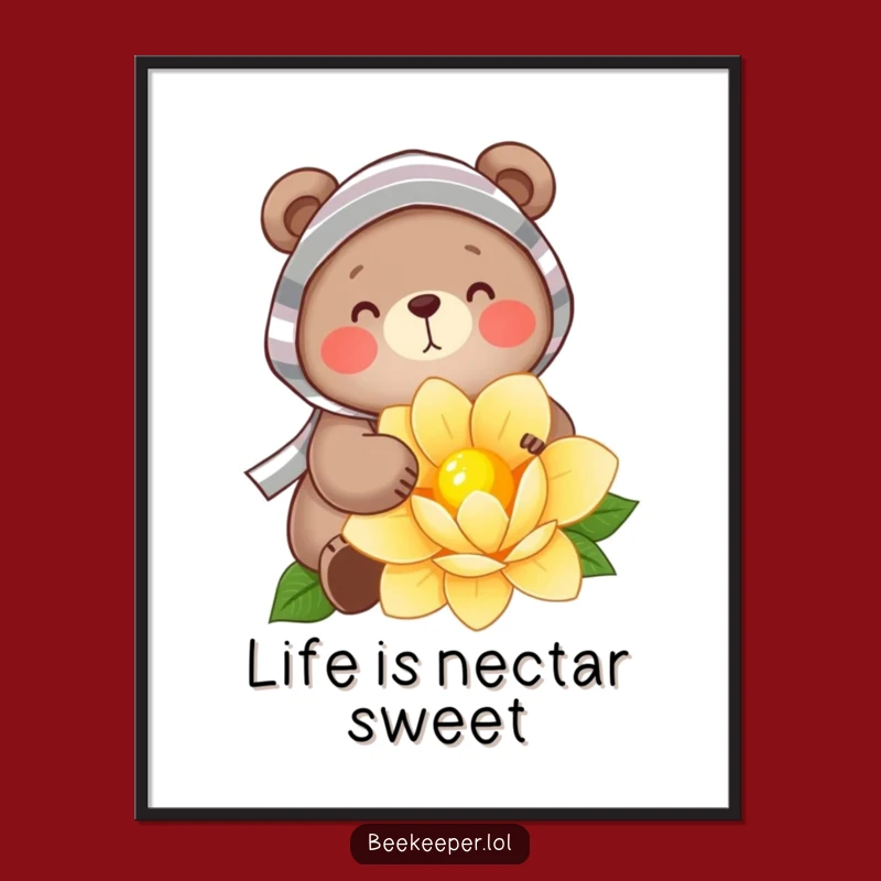 Free Printable Wall Art: Cheerful Bear Nectar Gathering - Whimsical Downloadable Decor