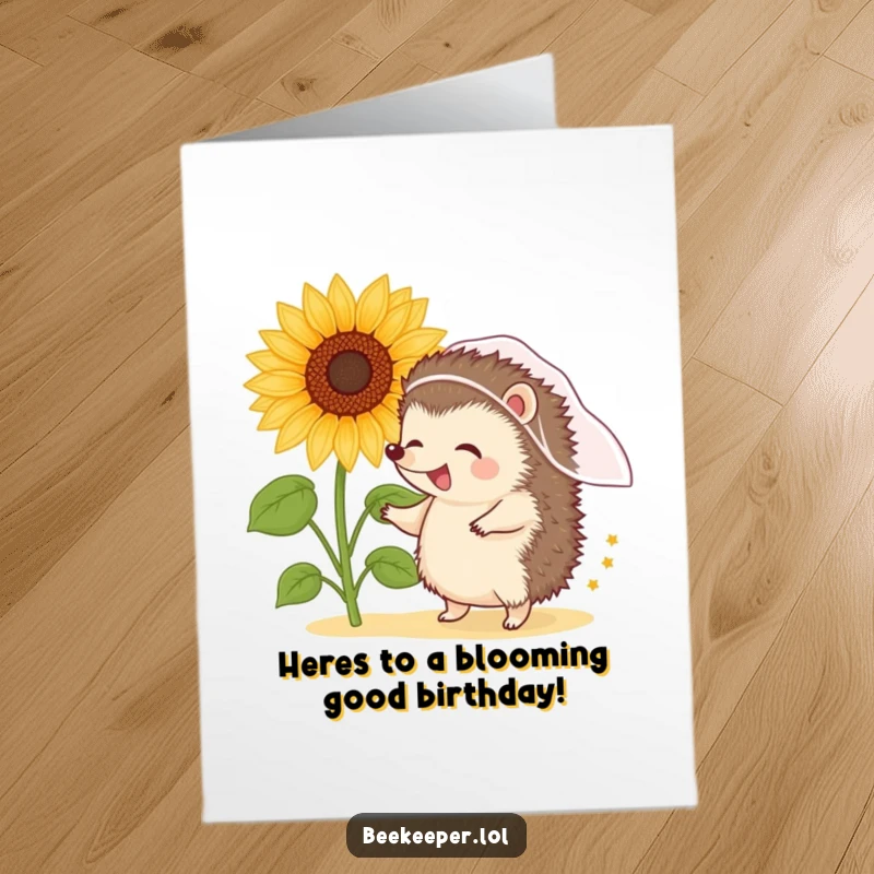 Funny Free Printable Hedgehog Birthday Card: A giggling hedgehog in a veil dances near a pollen-filled sunflower.