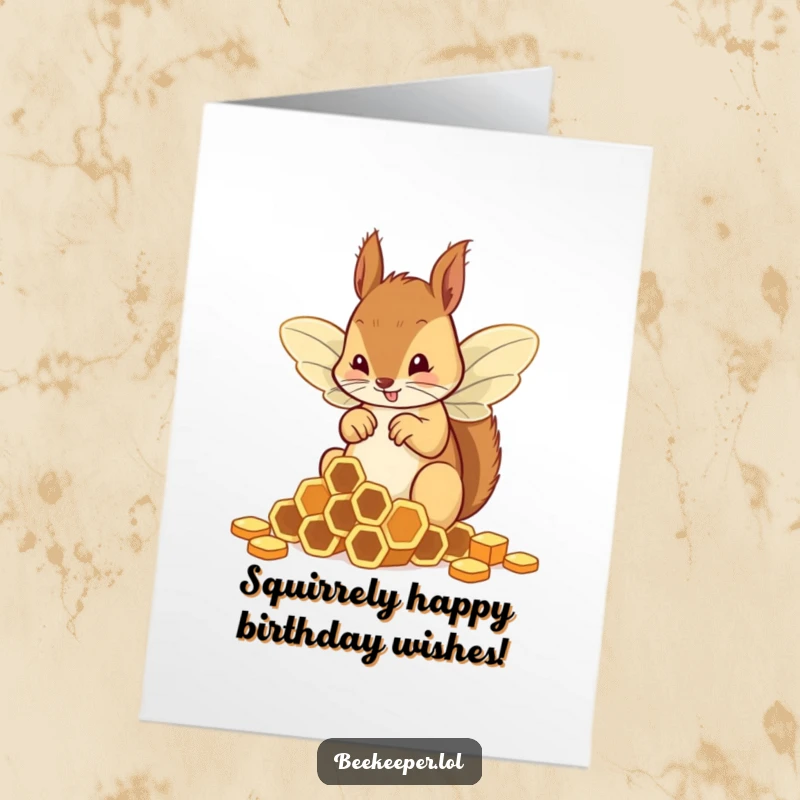 Funny Free Printable Squirrel Birthday Card: Clumsy squirrel with bee wings sorting hexagonal honeycombs with a confused look.
