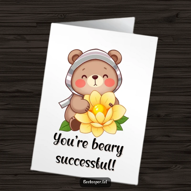 Funny Free Printable Congrats Card: Bear gathering nectar, symbolizing hard work and sweet rewards.