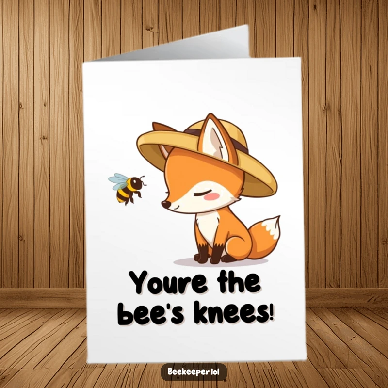 Free Printable Fox Congrats Card: Fox in hat looking at a queen bee, signifying a successful venture.