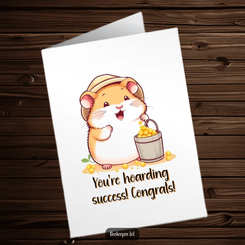 Funny Free Printable Congratulations Card: Plump hamster beekeeper excitedly dropping pollen into a bucket, celebrating achievement.