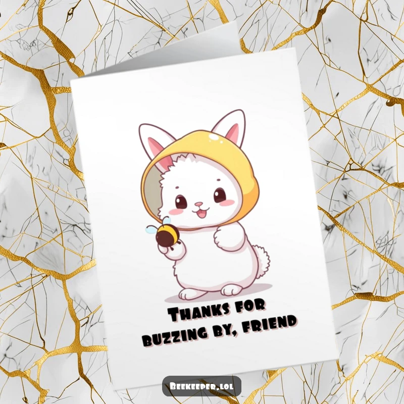Funny Free Printable Thank You Card: A fluffy bunny in a beekeeper veil holding a tiny, buzzing bee, saying thanks.