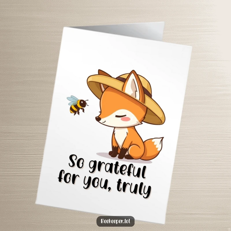 Funny Free Printable Fox Thank You Card: Fox in hat observing a queen bee, symbolizing thoughtful appreciation.