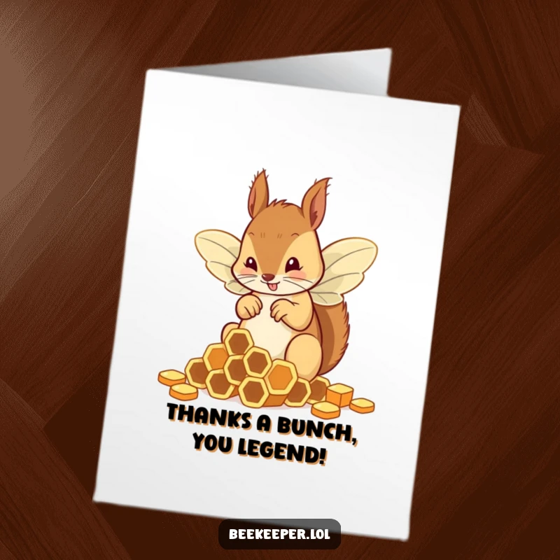 Funny Free Printable Squirrel Thank You Card: Squirrel in bee wings offering a honeycomb with a grateful smile.