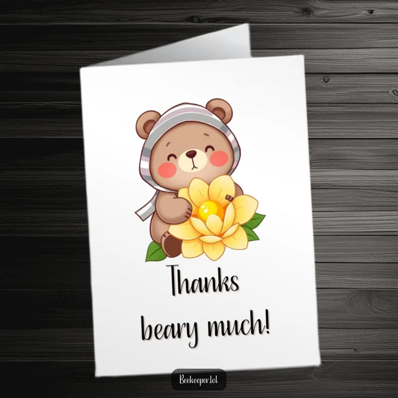 Funny Free Printable Thank You Card: Happy bear in a veil collecting golden nectar, a sweet thank you.