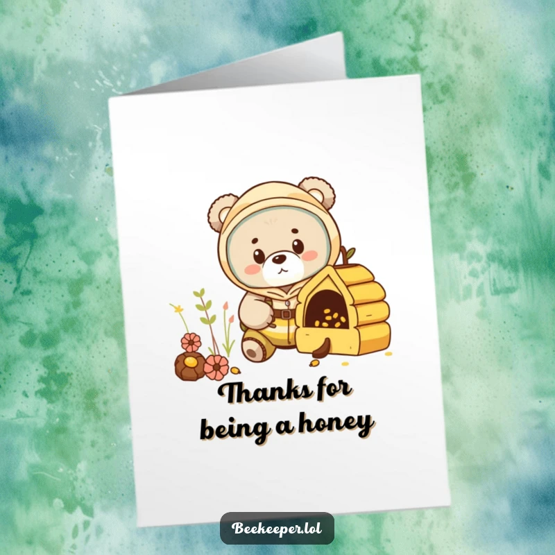 Funny Free Printable Thank You Card: A curious bear cub in a beekeeper suit peering into a tiny hive, grateful.