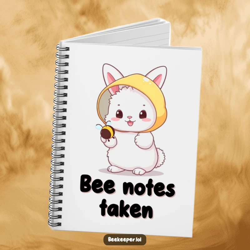 Funny fluffy bunny in a beekeeper veil, cheerfully holding a tiny buzzing bee on a notebook cover, inspiring sweet notes.