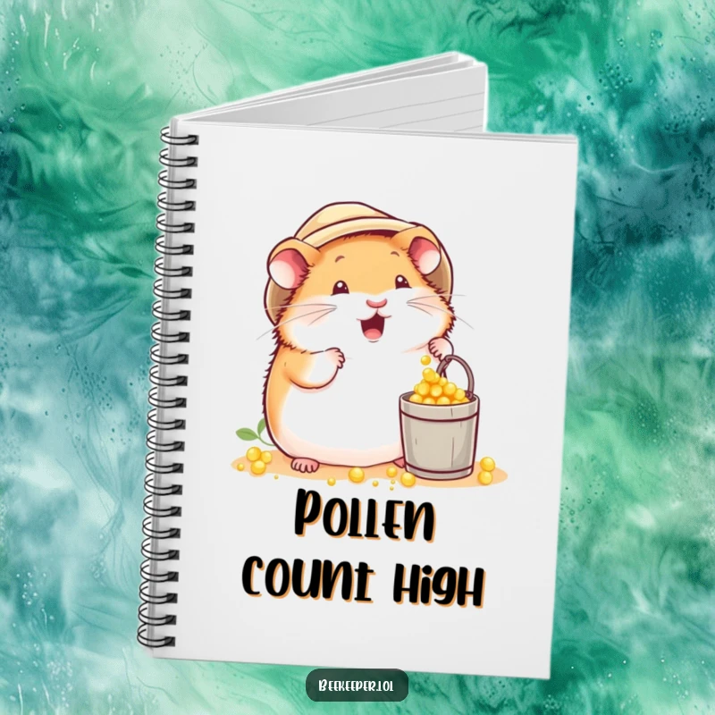Funny plump hamster in a beekeeper hat, excitedly dropping pollen into a tiny bucket on a notebook cover, inspiring busy notes.