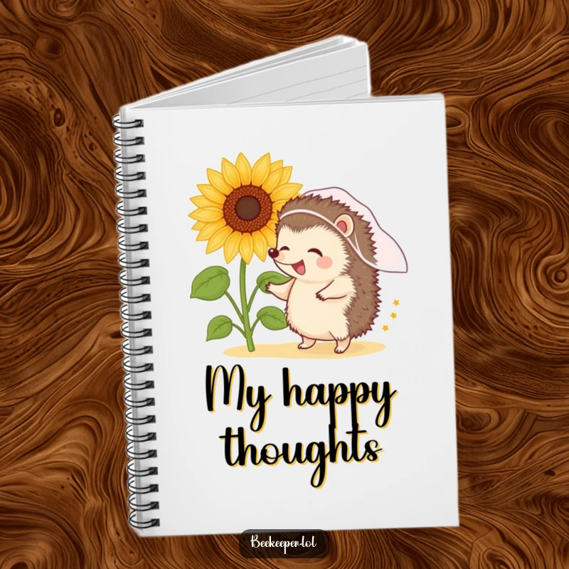 Funny hedgehog wearing a veil dancing near a sunflower, on a humorous notebook cover.