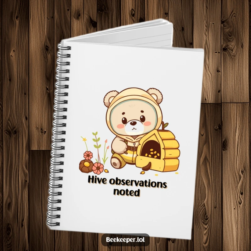 Funny bear cub in a beekeeper suit, peeking into a miniature hive on a notebook cover, inspiring curious notes.