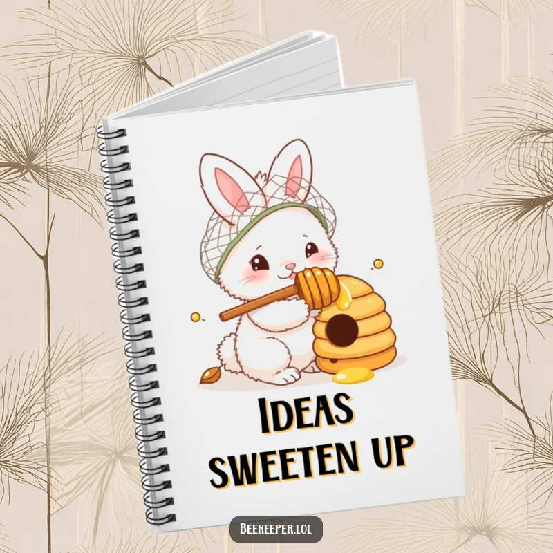 Funny Notebook: A fluffy bunny in a netted hat, holding a honey dipper, curiously peeking into a beehive, perfect for jotting down notes with sweet inspiration.