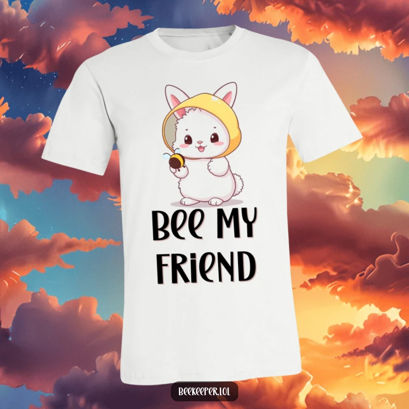Funny fluffy bunny in a beekeeper veil, cheerfully holding a tiny buzzing bee on a t-shirt, radiating sweetness.