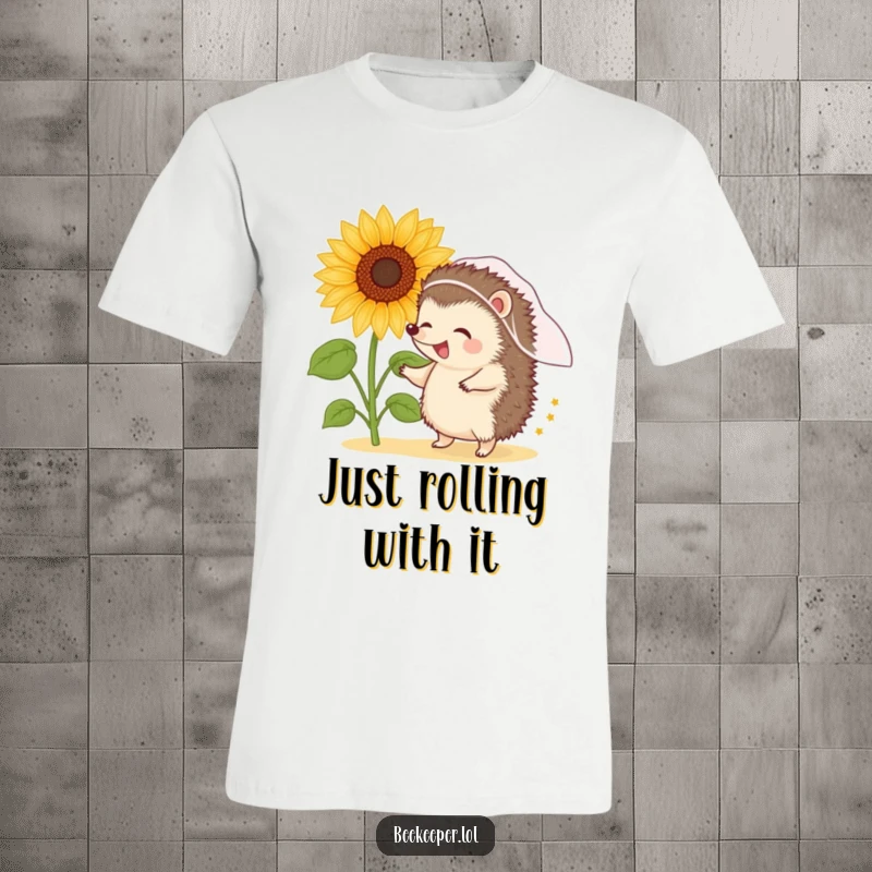 Funny hedgehog in a veil dancing joyfully near a sunflower brimming with pollen, printed on a funny t-shirt.