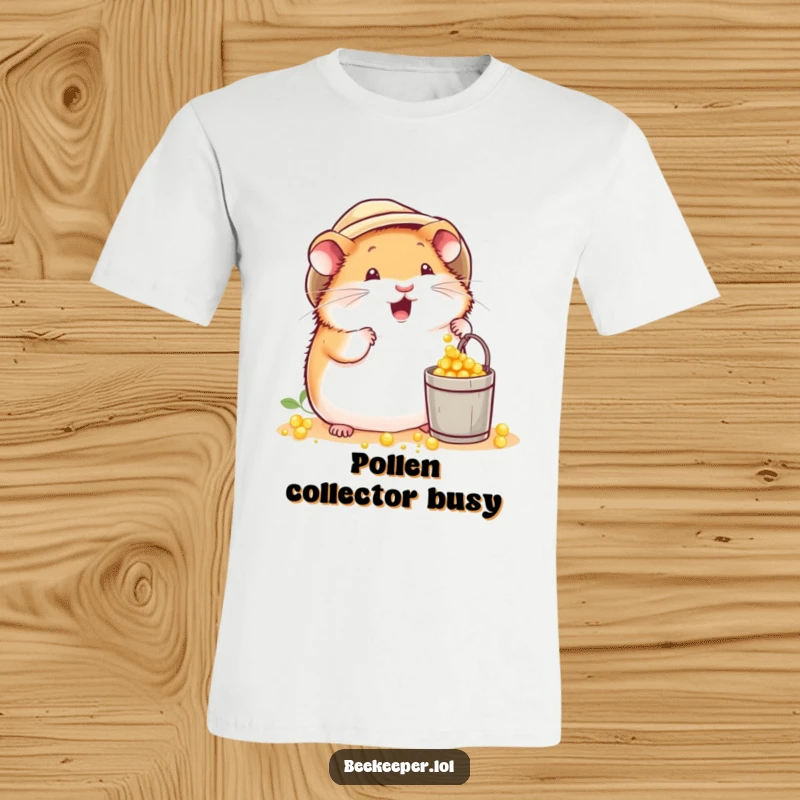 Funny plump hamster in a beekeeper hat, excitedly dropping pollen into a tiny bucket on a t-shirt, embodying cheerful industry.