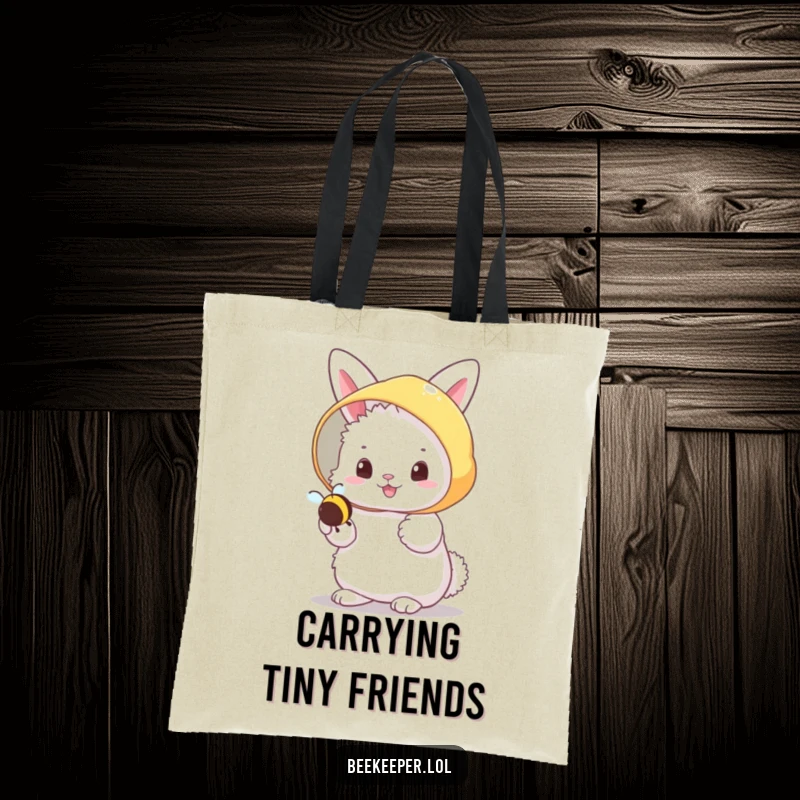 Funny fluffy bunny in a beekeeper veil, cheerfully holding a tiny buzzing bee on a tote bag, ideal for carrying sweet things.